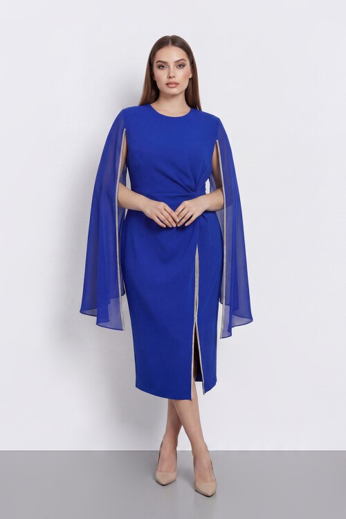 Pelerin Detaylı Drapeli Şık Midi Abiye - 2118