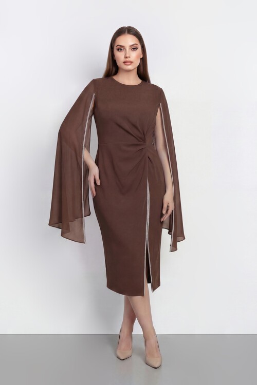 Pelerin Detaylı Drapeli Şık Midi Abiye - 2118