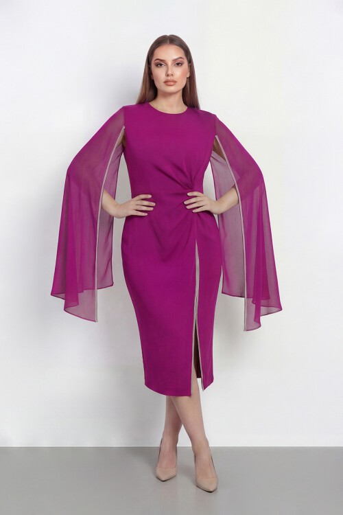 Pelerin Detaylı Drapeli Şık Midi Abiye - 2118