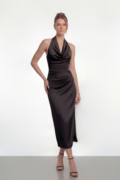 Saten Halter Yaka Drapeli Midi Abiye - 2084