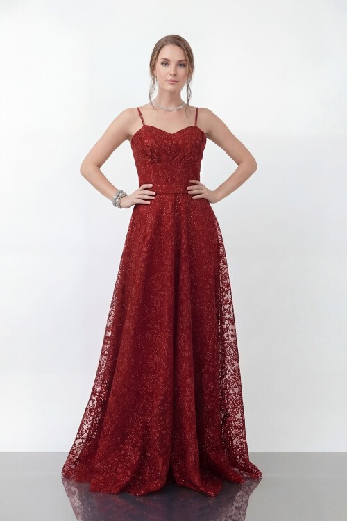 Simli Dantelli İp Askılı Uzun Abiye - 1960