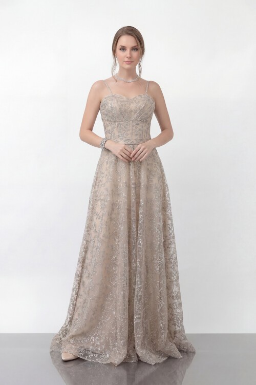 Simli Dantelli İp Askılı Uzun Abiye - 1960