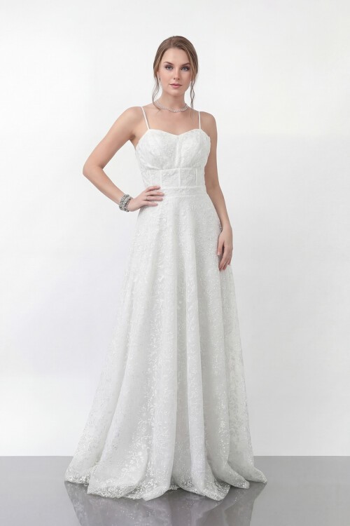 Simli Dantelli İp Askılı Uzun Abiye - 1960