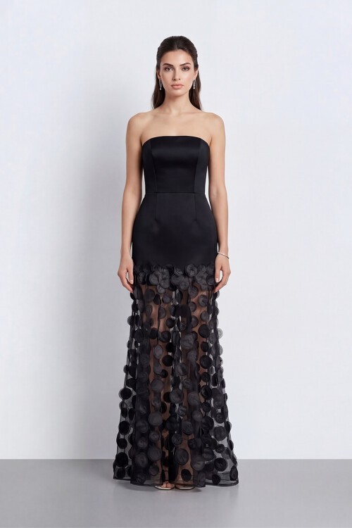 Straplez 3D Aplikeli Transparan Etek Abiye - 2077