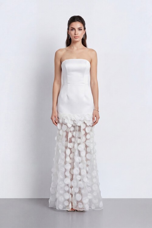 Straplez 3D Aplikeli Transparan Etek Abiye - 2077