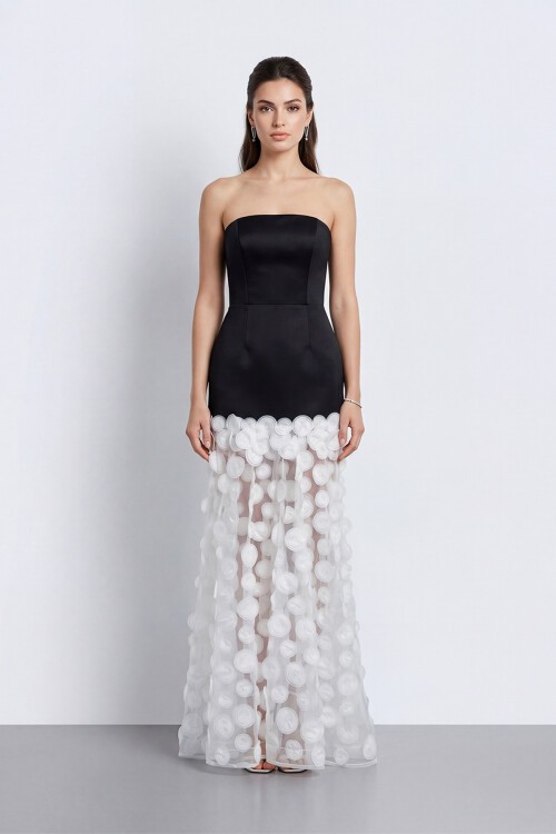 Straplez 3D Aplikeli Transparan Etek Abiye - 2077