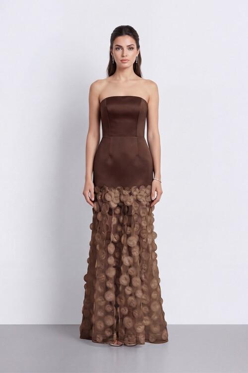 Straplez 3D Aplikeli Transparan Etek Abiye - 2077