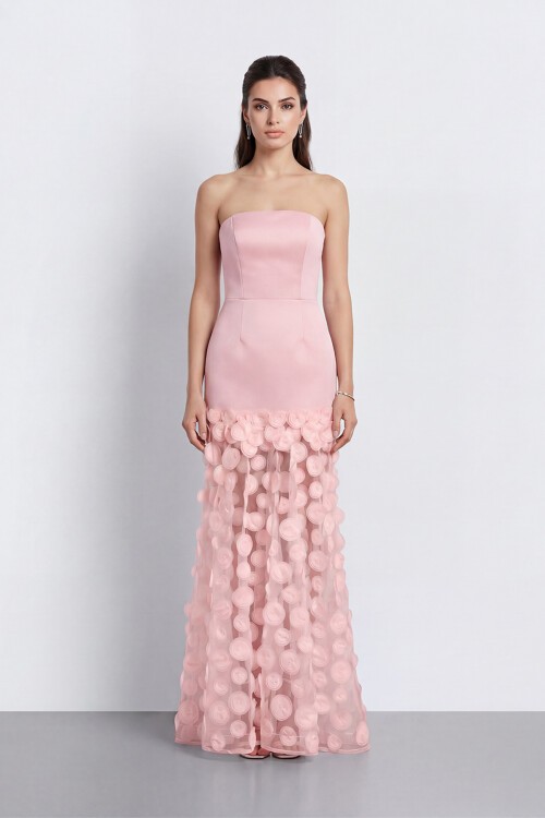 Straplez 3D Aplikeli Transparan Etek Abiye - 2077