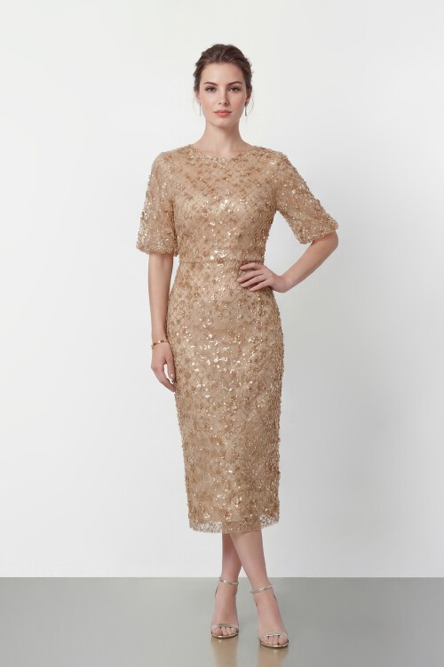 Tamamı İşlemeli Işıltılı Yarım Kol Midi Elbise - 2029