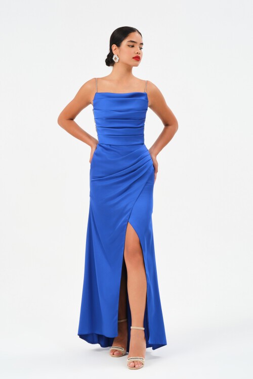 Taş Askılı Drapeli Yırtmaçlı Elbise - 1534