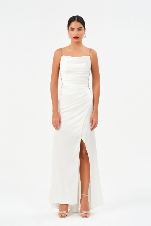 Taş Askılı Drapeli Yırtmaçlı Elbise - 1534