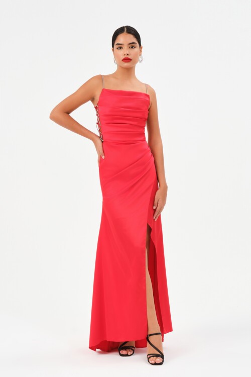 Taş Askılı Drapeli Yırtmaçlı Elbise - 1534