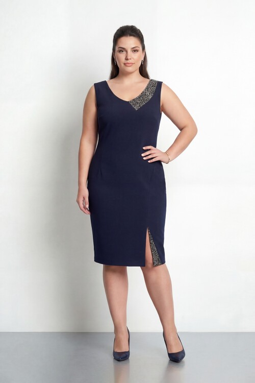 Taş Detaylı Asimetrik Büyük Beden Kalem Elbise - 2059