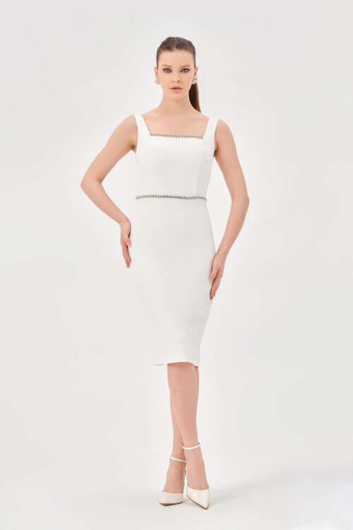 Taş Detaylı Kare Yaka Midi Elbise - 1607