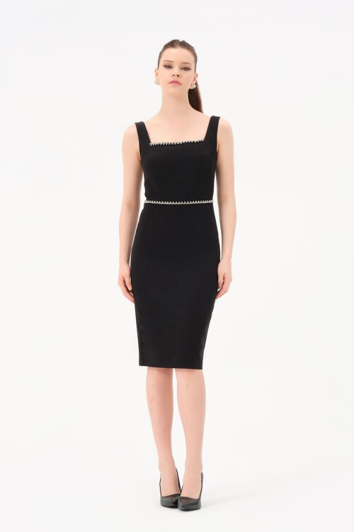 Taş Detaylı Kare Yaka Midi Elbise - 1607