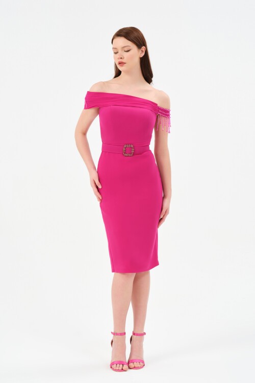 Taş Detaylı Kayık Yaka Midi Elbise - 1539