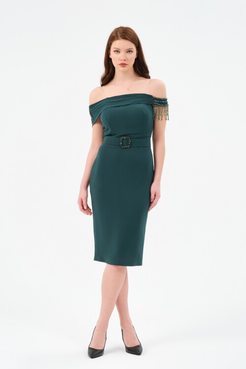 Taş Detaylı Kayık Yaka Midi Elbise - 1539