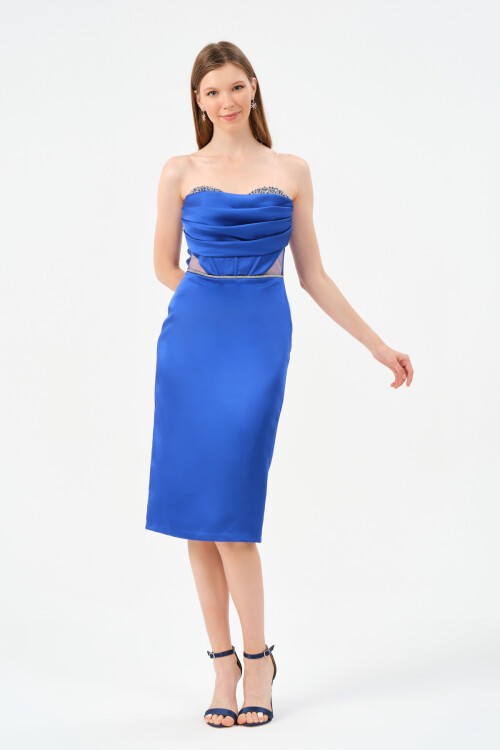 Taş Detaylı Straplez Midi Elbise - 1494