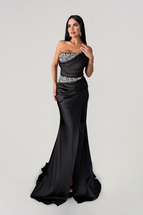 Taş Detaylı Straplez Yırtmaçlı Elbise - 1541