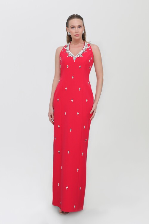 Taş İşlemeli Boyundan Bağlamalı Elbise - 6005