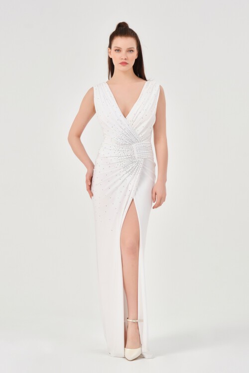 Taş İşlemeli Drapeli Elbise - 1581