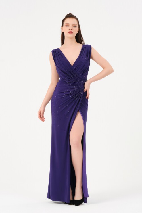 Taş İşlemeli Drapeli Elbise - 1581