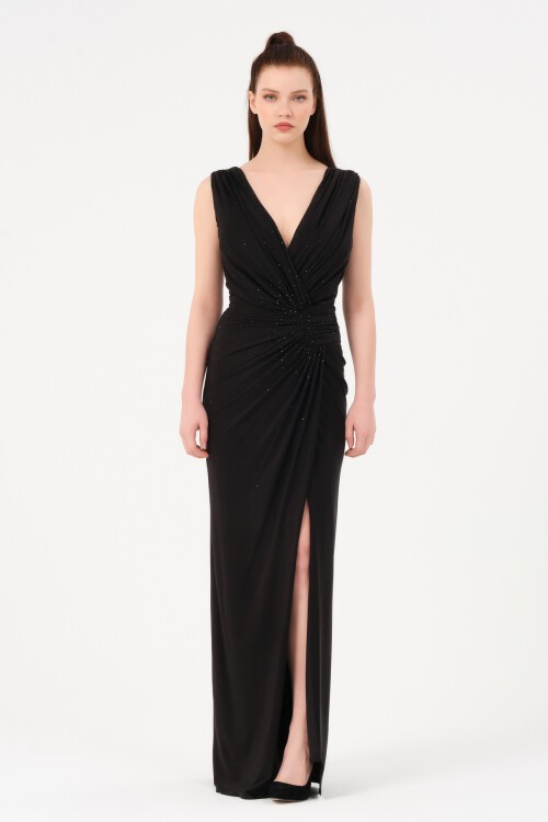 Taş İşlemeli Drapeli Elbise - 1581