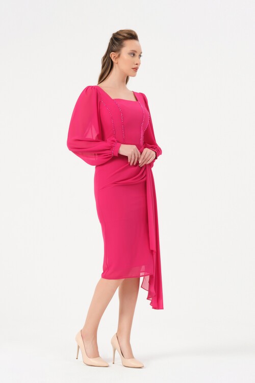 Taş İşlemeli Şifon Detaylı Midi Elbise - 1567