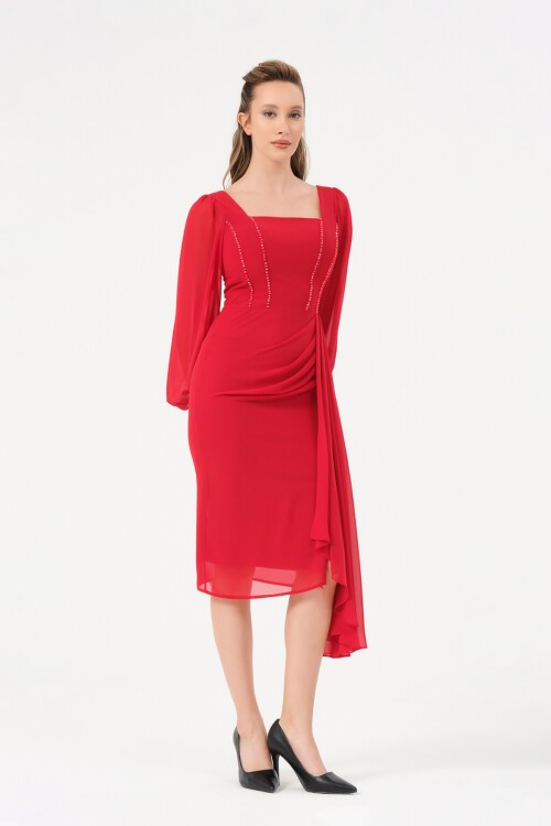 Taş İşlemeli Şifon Detaylı Midi Elbise - 1567