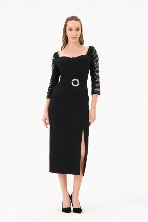 Taş İşlemeli Yırtmaçlı Midi Elbise - 1597