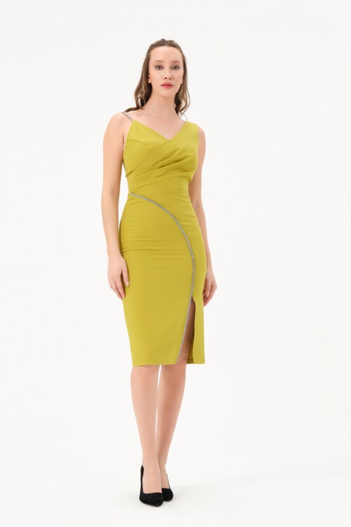 Taş Şerit Detaylı Drapeli Midi Elbise - 1221