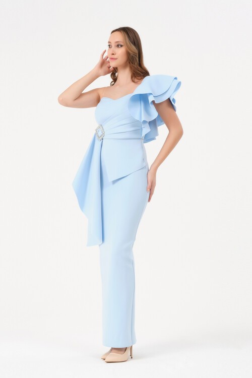 Taş Tokalı Tek Omuzlu Drapeli Elbise - 1474