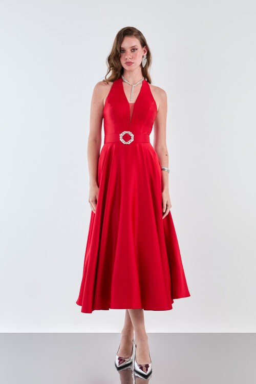 Taşlı Kemer Detaylı Halter Yaka Midi Elbise - 1970