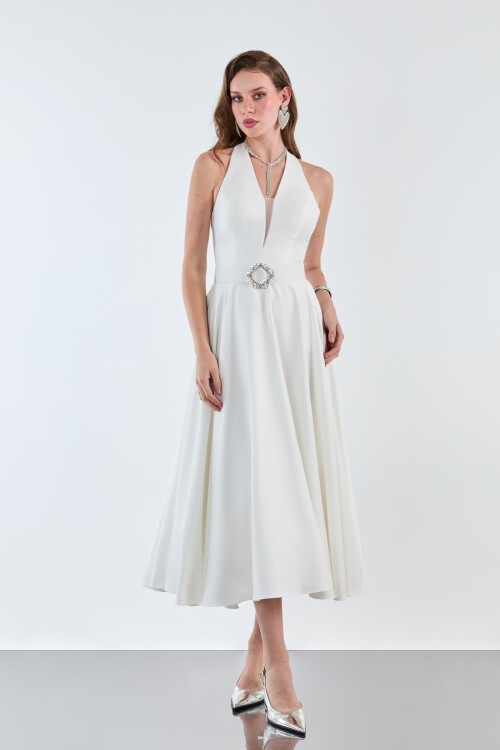 Taşlı Kemer Detaylı Halter Yaka Midi Elbise - 1970