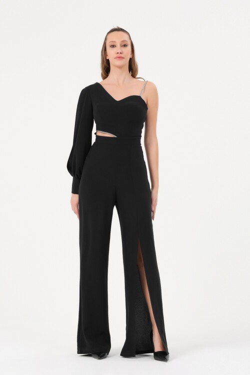 Tek Kollu Taş Detaylı Yırtmaçlı Tulum - 1453