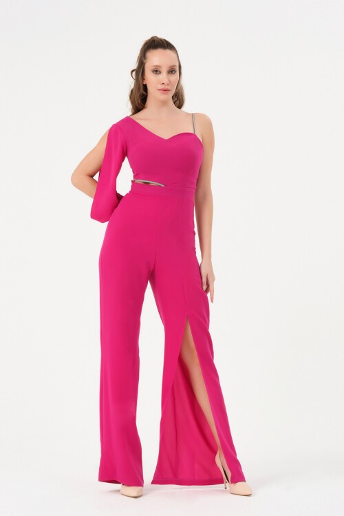 Tek Kollu Taş Detaylı Yırtmaçlı Tulum - 1453