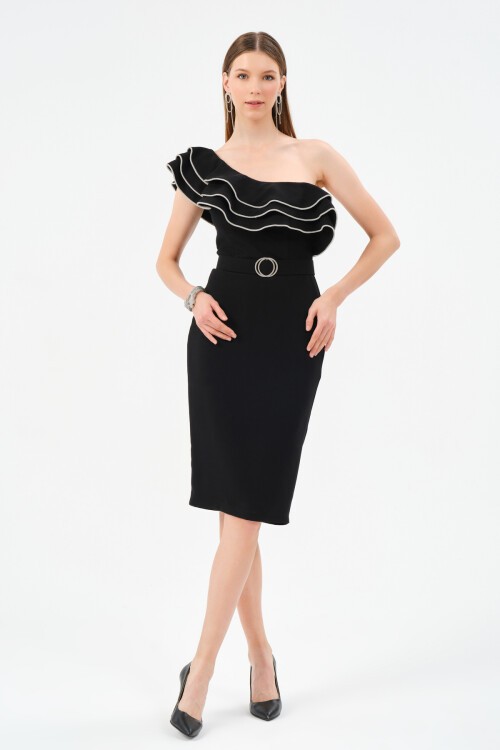 Tek Omuzlu Fırfırlı Midi Elbise - 1552