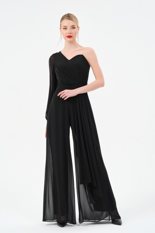 Tek Omuzlu Şifon Detaylı Tulum - 1336