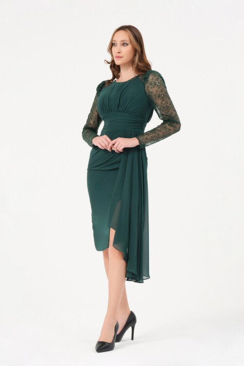 Tül Detaylı Drapeli Midi Elbise - 1501