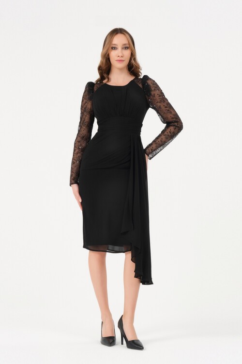 Tül Detaylı Drapeli Midi Elbise - 1501