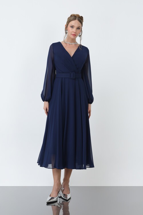 Uzun Kollu Kruvaze Yaka Şifon Elbise - 1641