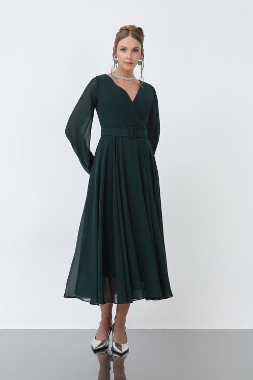 Uzun Kollu Kruvaze Yaka Şifon Elbise - 1641