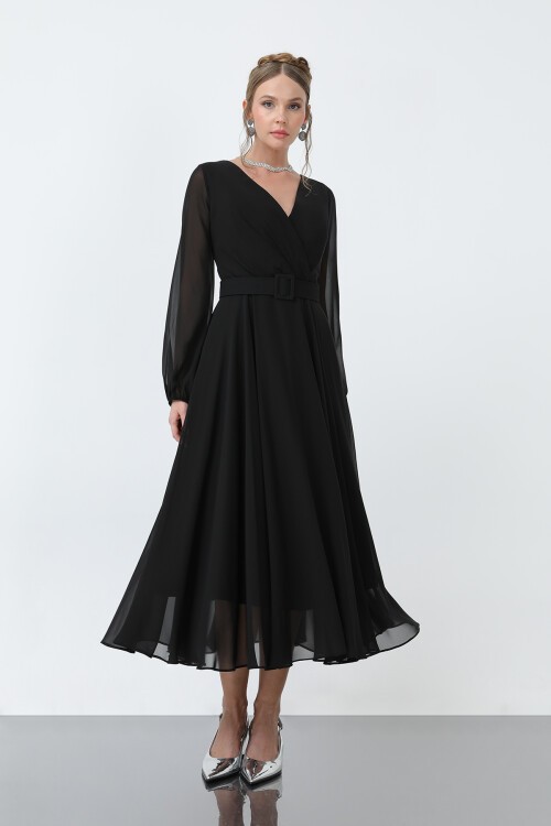 Uzun Kollu Kruvaze Yaka Şifon Elbise - 1641