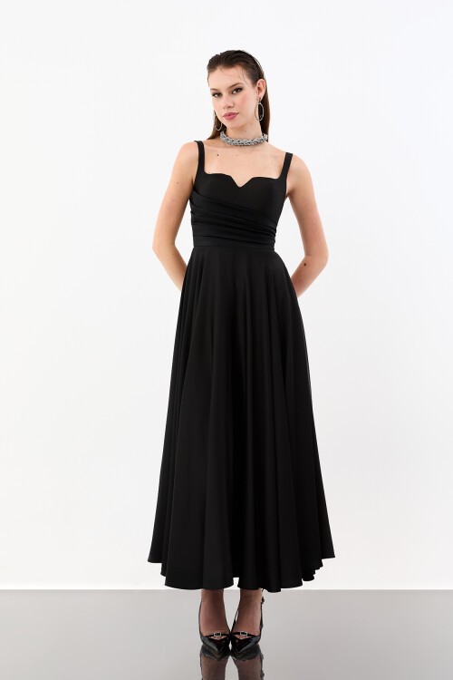 V Yaka Drapeli Yüksek Bel Midi Elbise - 1952