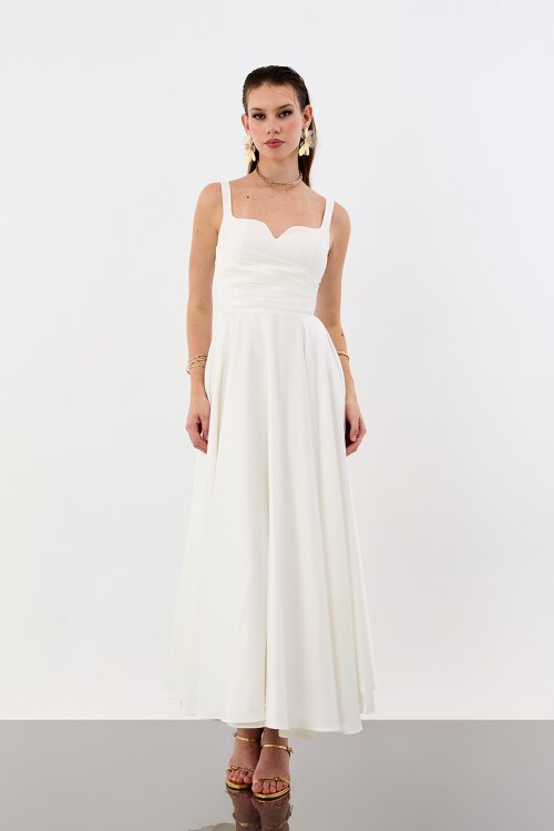 V Yaka Drapeli Yüksek Bel Midi Elbise - 1952