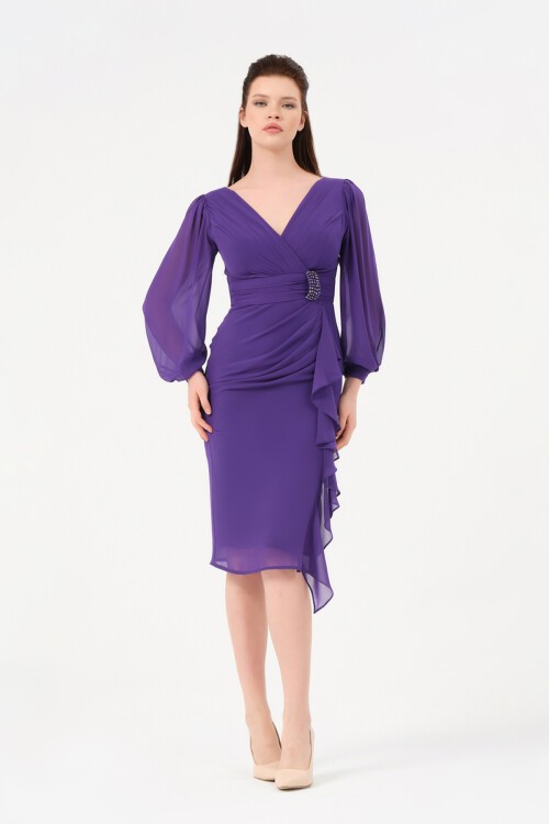 Volan Detaylı Kruvaze Yaka Midi Elbise - 1618