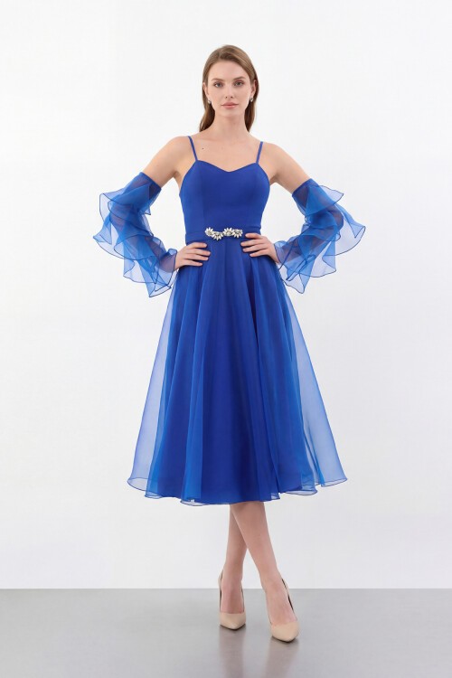 Volan Kollu İp Askılı Midi Elbise - 1993