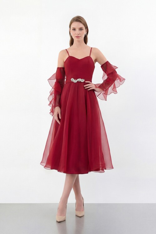 Volan Kollu İp Askılı Midi Elbise - 1993