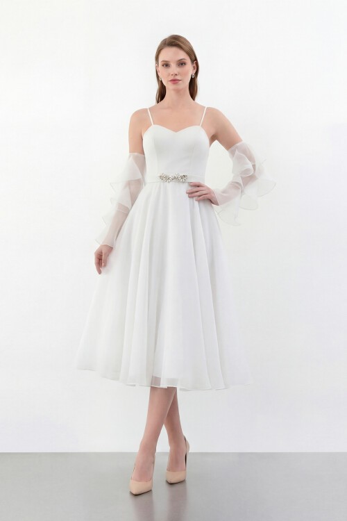 Volan Kollu İp Askılı Midi Elbise - 1993