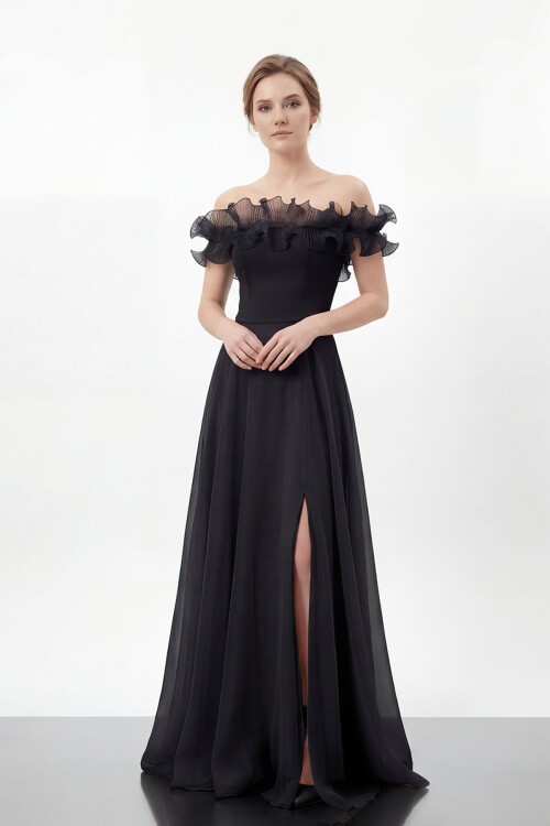 Volan Yakalı Yırtmaçlı Şifon Elbise - 2036